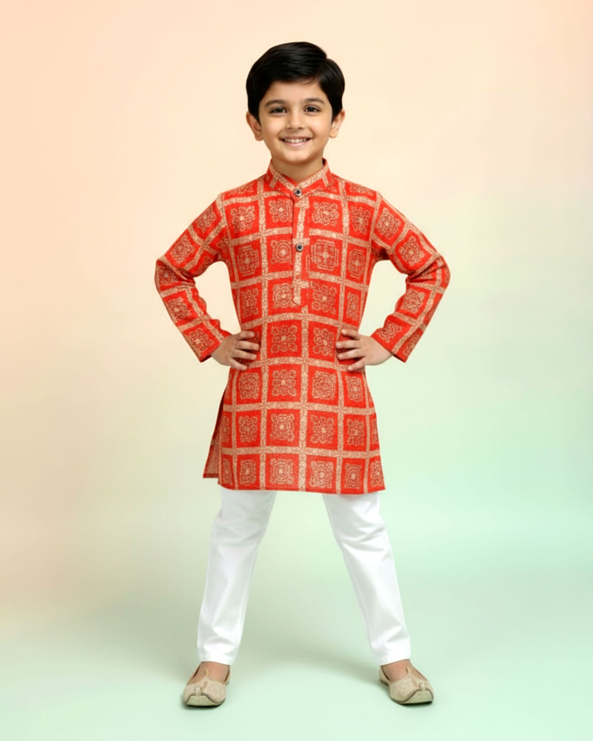 Boys green kurta adorned with traditional Bandhani-inspired patterns in red and gold., Orange