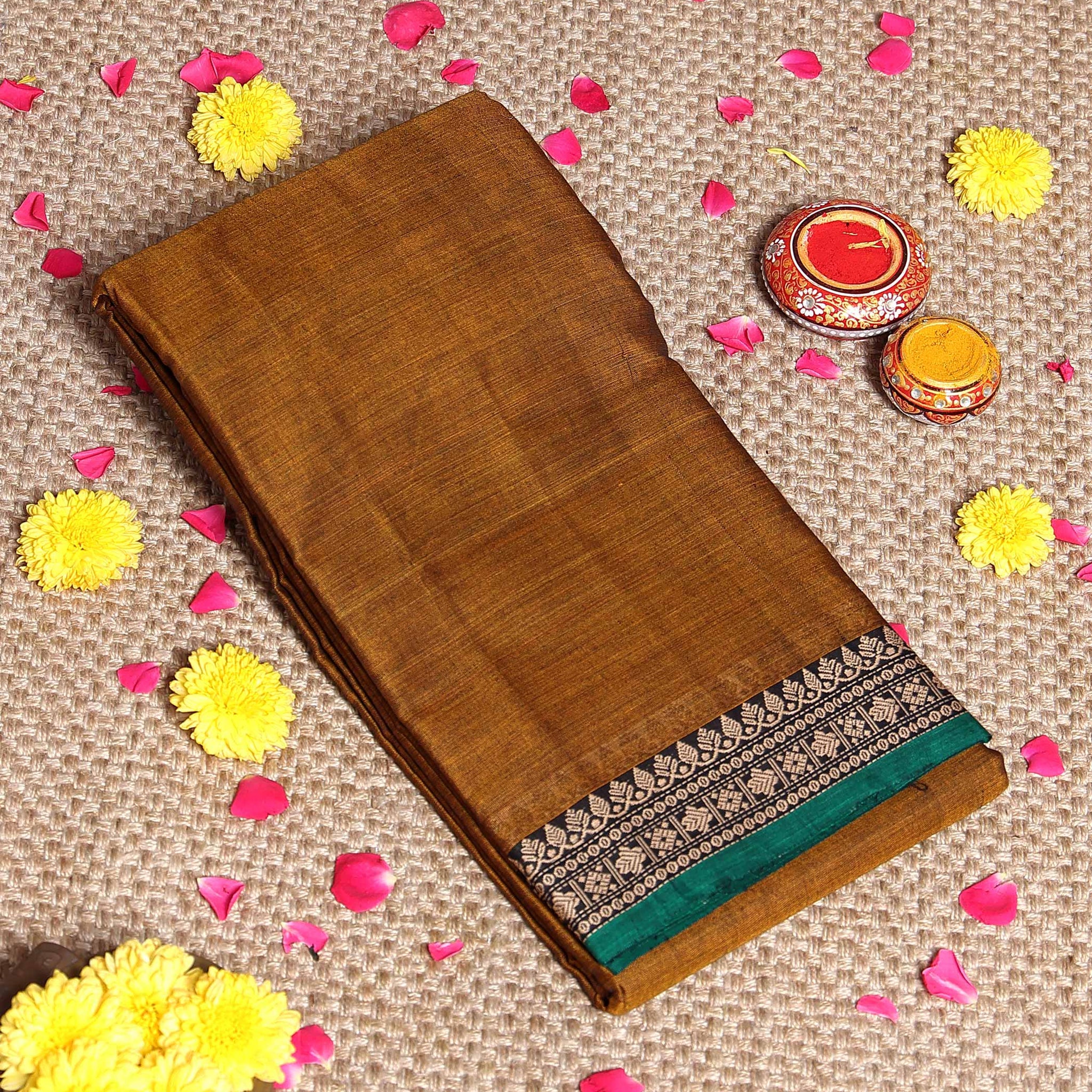 Traditional  Narayanpet Cotton Saree with Traditional Zari Border & Temple Motif Detailing - Brown