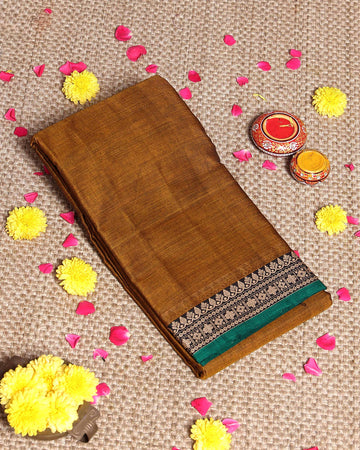 Traditional  Narayanpet Cotton Saree with Traditional Zari Border & Temple Motif Detailing - Brown