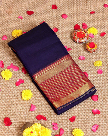 Elegant Narayanpet Cotton Handloom Saree with Rich Zari Checked Border & Traditional Temple Weave Detailing - Purple