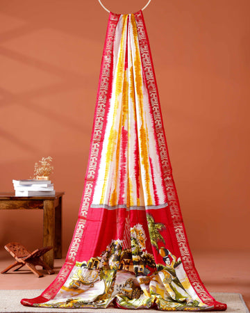 Elegant Red shades and the rural scenic artwork Dola Saree