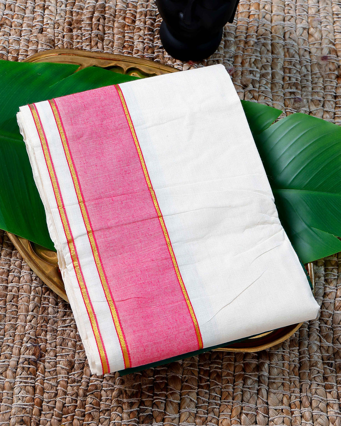 Men’s Cotton Dhoti with Pink Colour Border - White