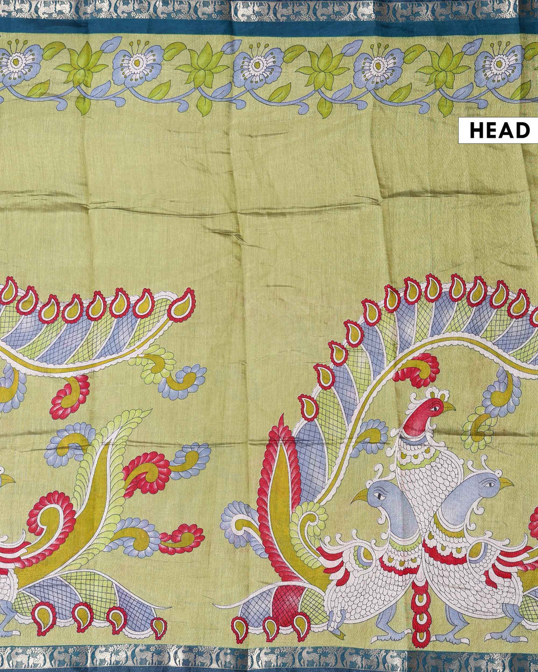 Elegant Semi Chanderi Saree with a Half Plain and Half Kalamkari Inspired Body and a Zari Border - Light Green