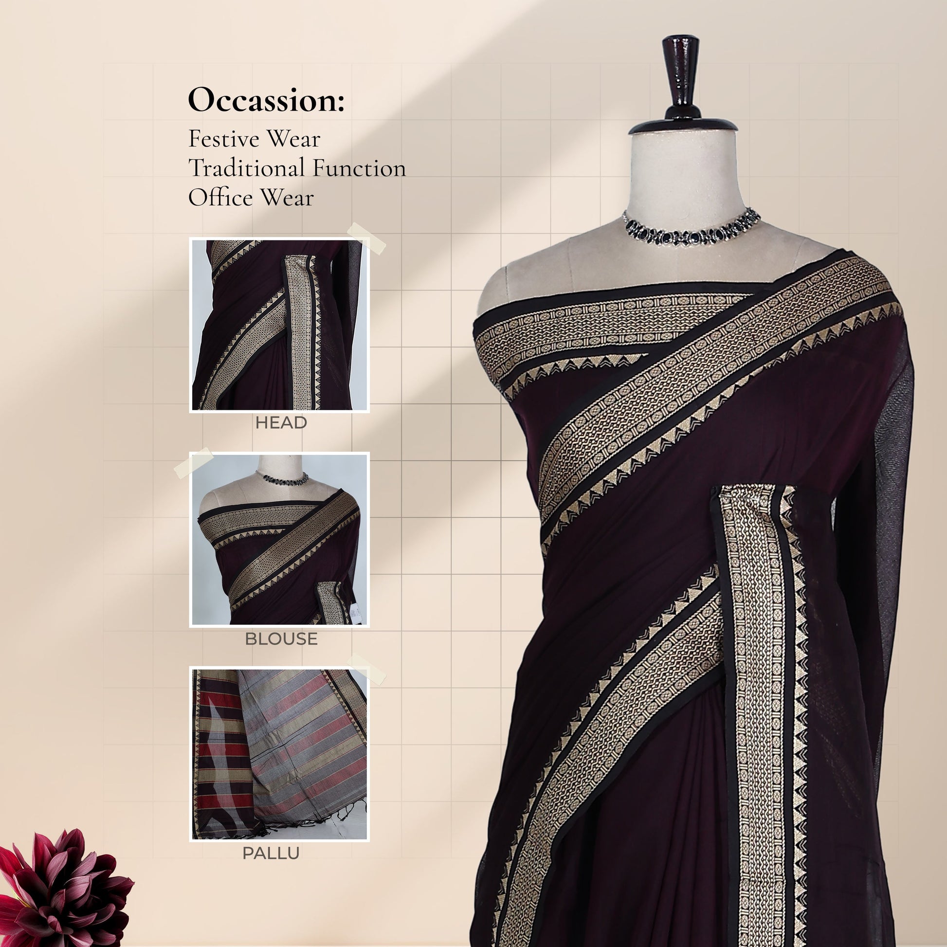 Women's Dark Purple  Mangalagiri Cotton Saree With Black Zari Woven Border Striped Pallu And Traditional Handloom Design