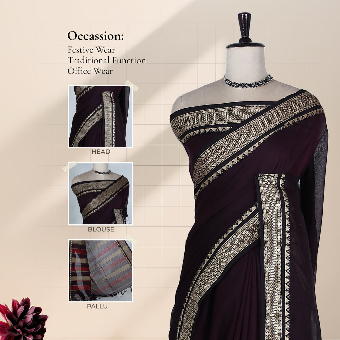 Dark Purple Mangalagiri Cotton Saree for Women | Festive Summer Collection | Jeyachandran - Full View