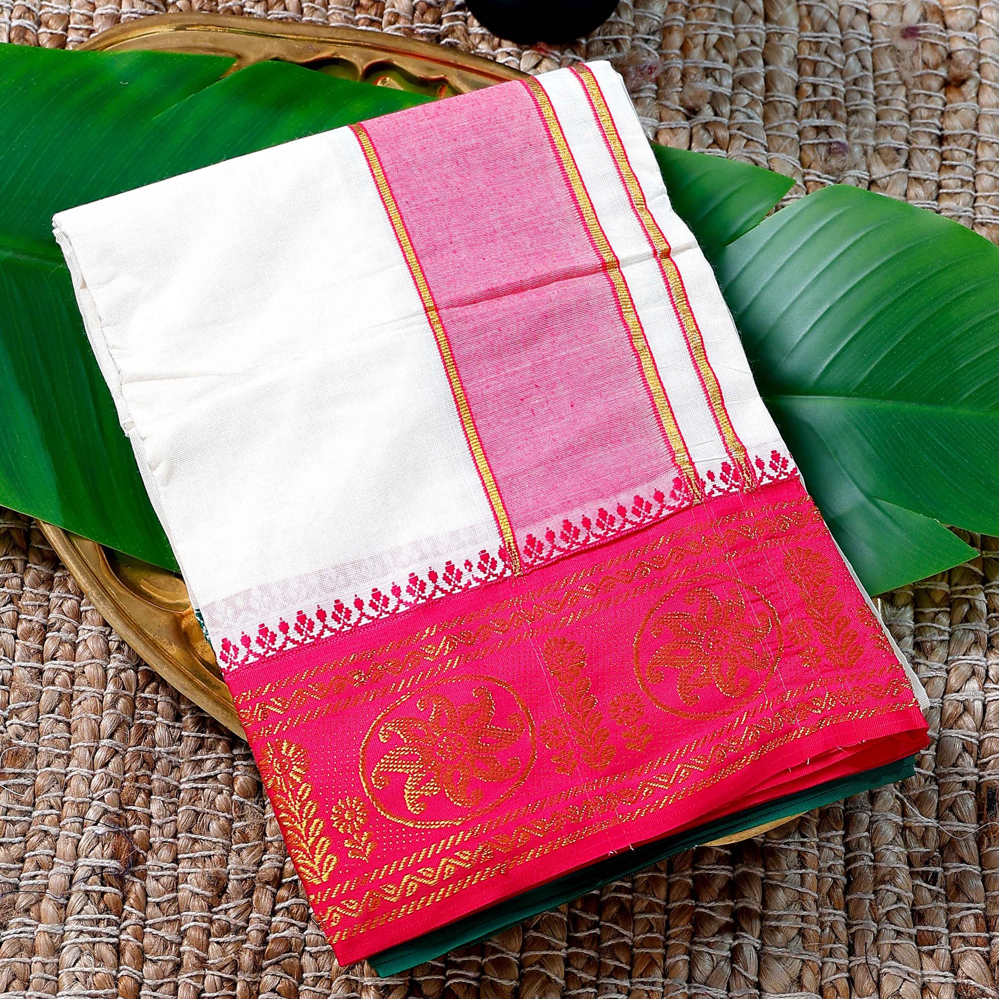 Men’s Cotton Dhoti with Pink Colour Border - White