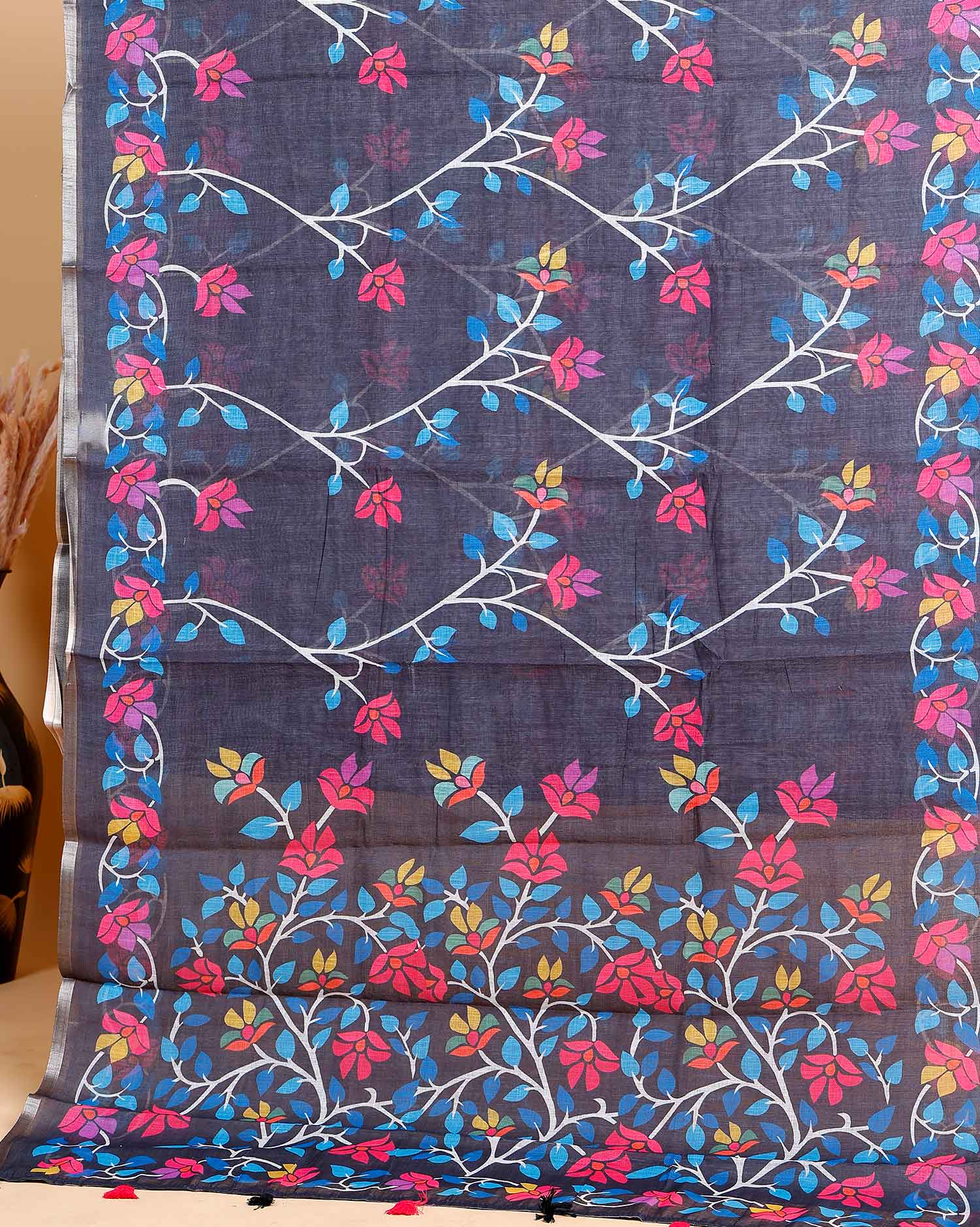 Ethnic Black Linen saree with Multi-color Paisley and Floral Design