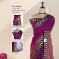 Magenta Mangalagiri Cotton Saree With A Navy Blue Border Gold Zari Chevron Patterns And A Matching Woven Pallu