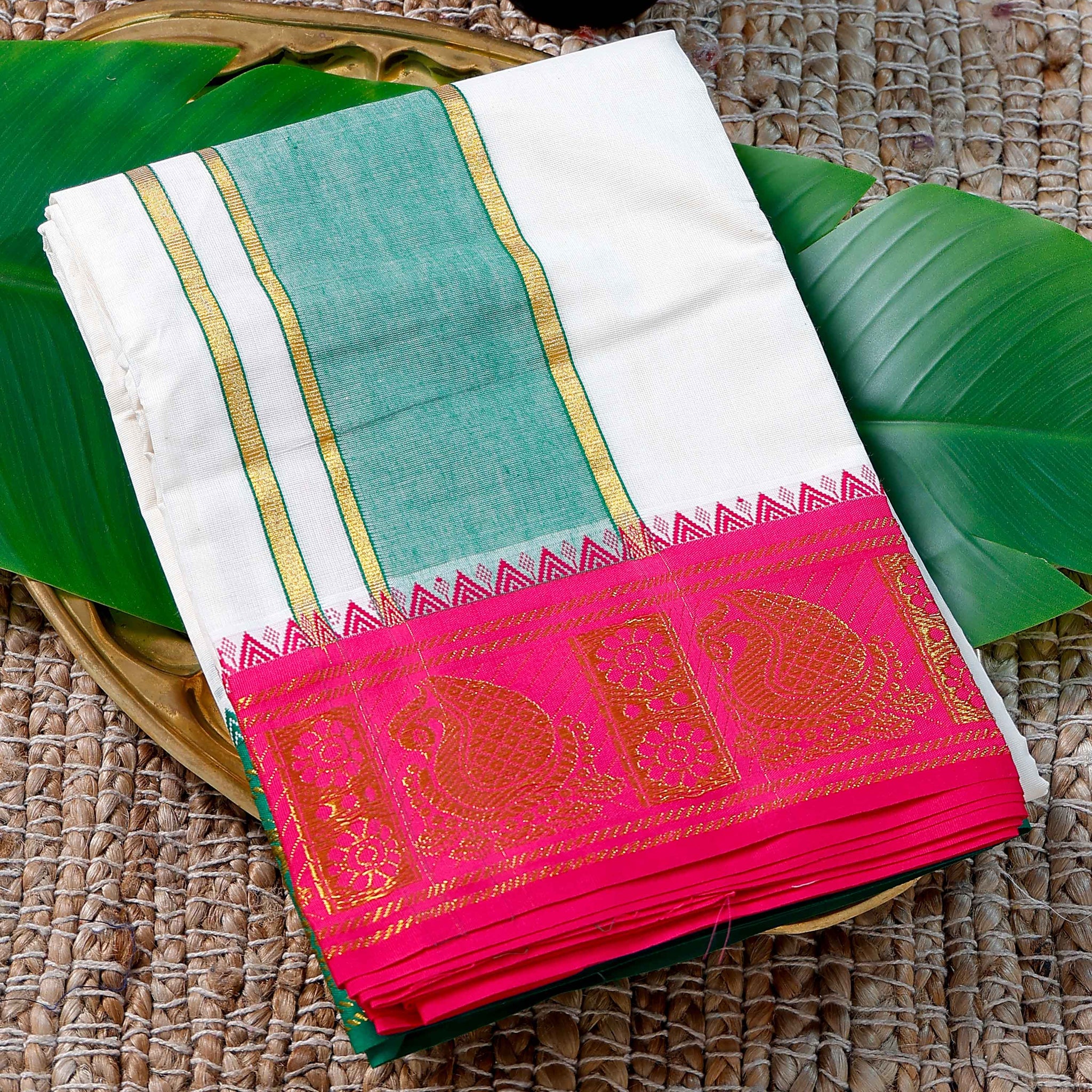 Men’s Cotton Dhoti with Multi Colour Border - White