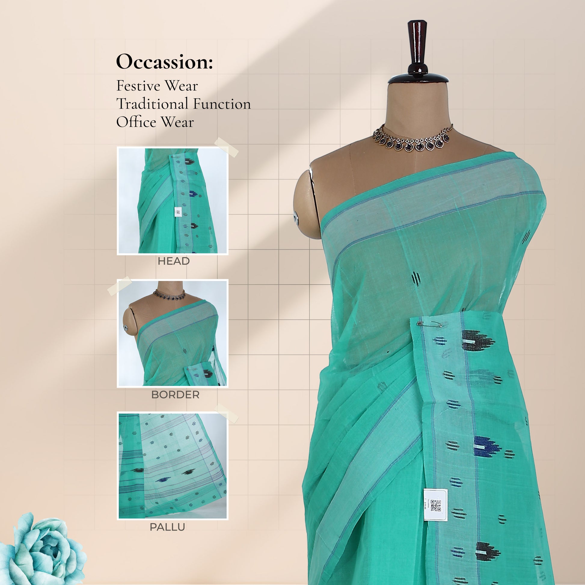 Bengal Cotton Saree With Woven Butta Motifs And Contrast Border In  Aqua Green Draped Front View