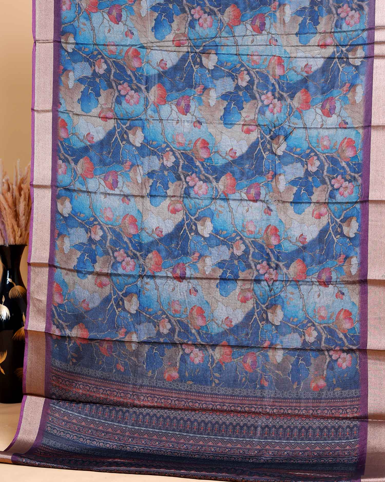 Blue Art Silk Saree with Intricate Floral and Geometric Weave Pattern