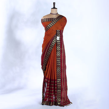 Orange Mangalagiri Cotton Saree with Gold Chevron Pattern Pallu & Traditional Zigzag Border - Full View
