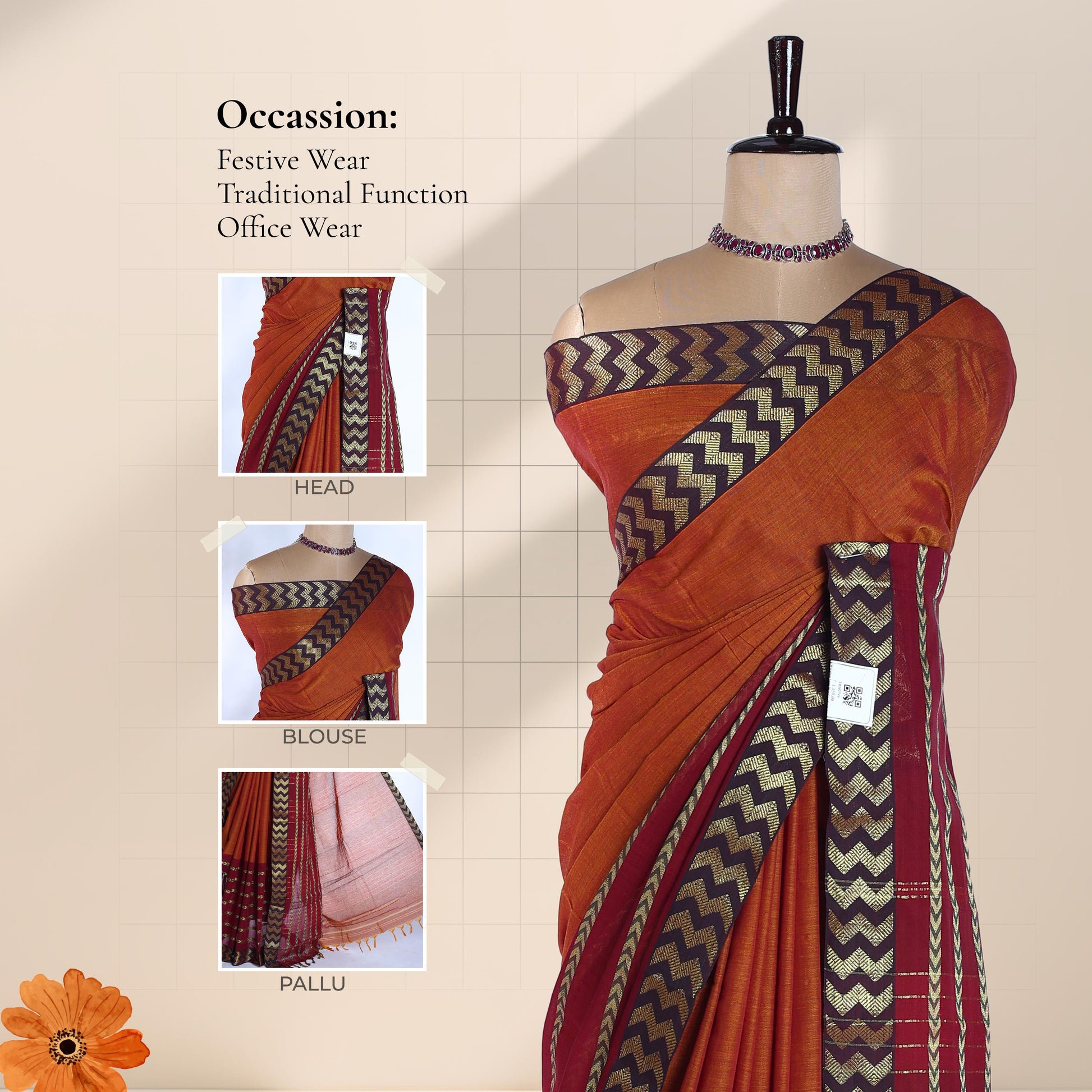 Orange Mangalagiri Cotton Saree With A Dark Purple Border Gold Zari Chevron Patterns And A Matching Woven Pallu
