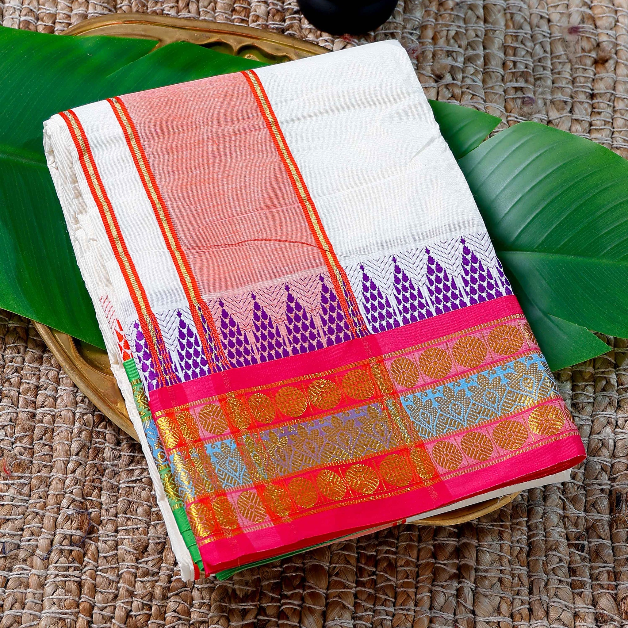 Men’s Cotton Dhoti with Multi Colour Border - White