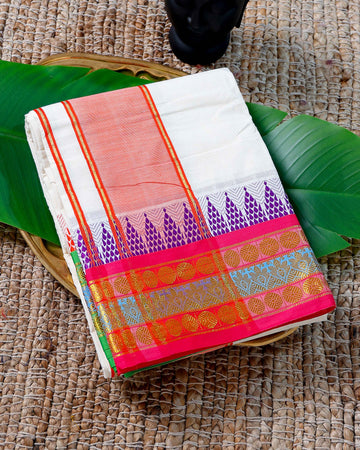 Men’s Cotton Dhoti with Multi Colour Border - White