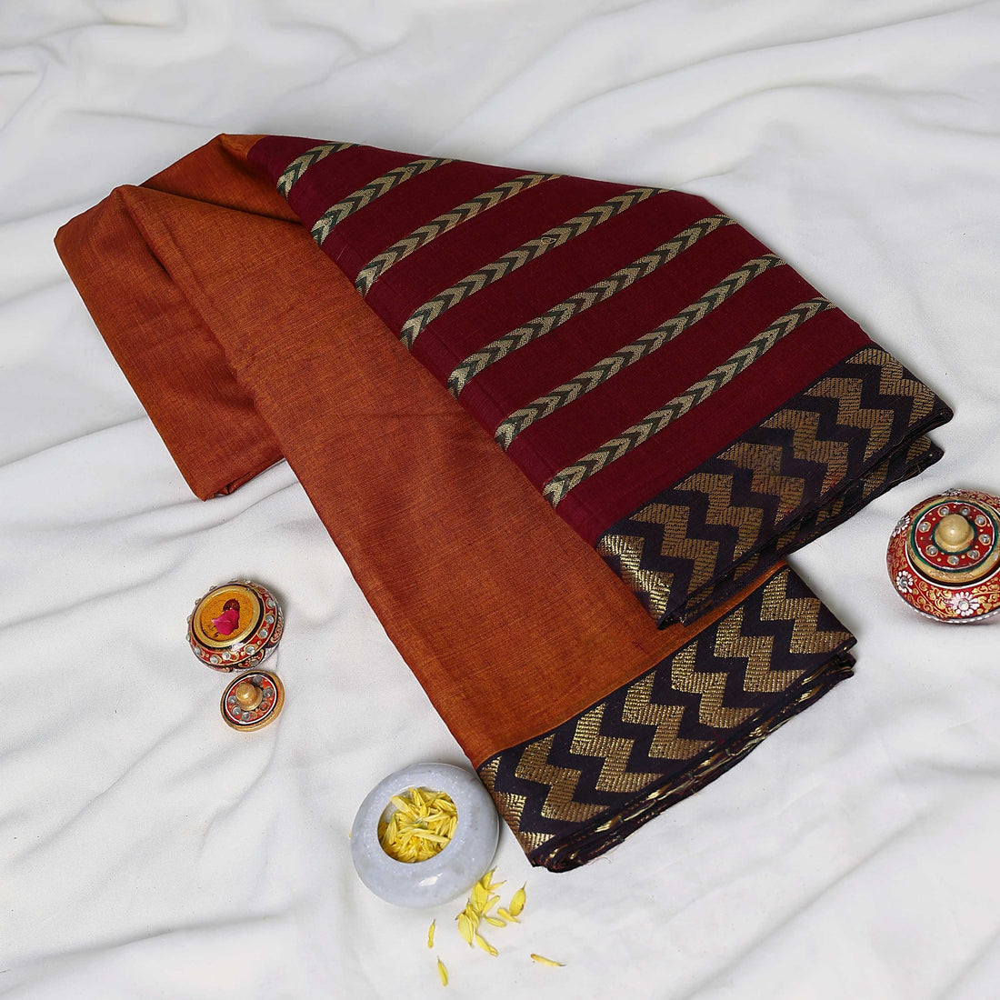 Orange Mangalagiri Cotton Saree with Gold Chevron Pattern Pallu & Traditional Zigzag Border - Full View