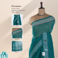 Bengal Cotton Saree With Woven Buti Motifs And Contrast Border In Teal Draped On Mannequin -  Front View