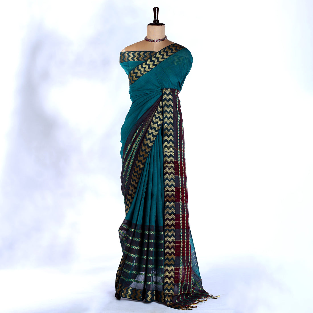 Teal Mangalagiri Cotton Saree with Gold Chevron Pattern Pallu & Traditional Zigzag Border - Full View