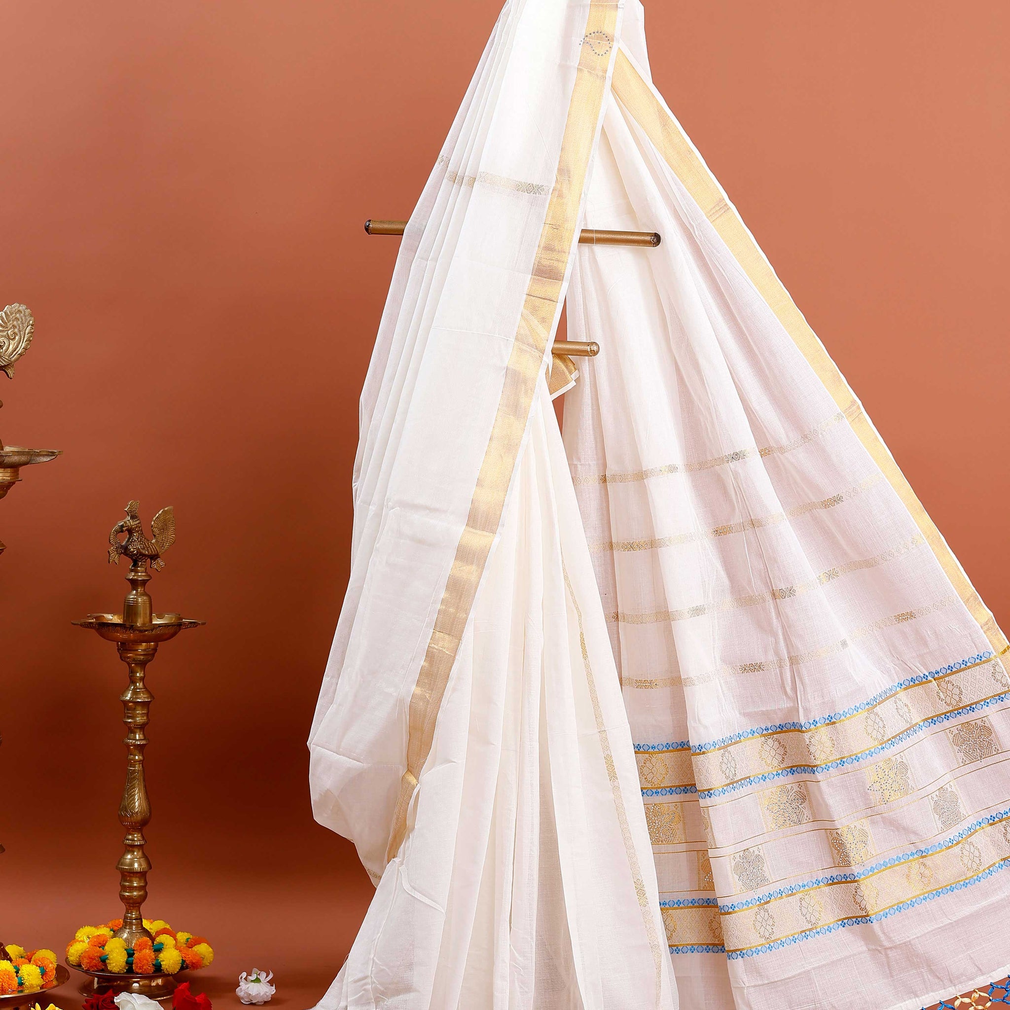 Kerala Kasavu Saree with Traditional Zari Work - White