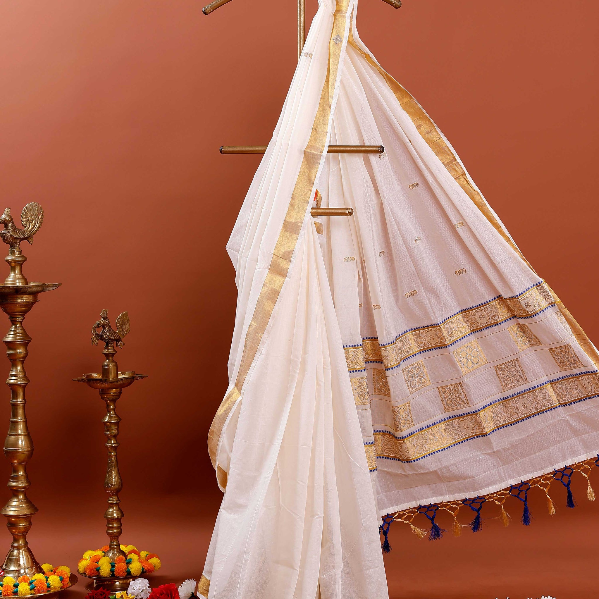 Kerala Kasavu Saree with Traditional Zari Work - White
