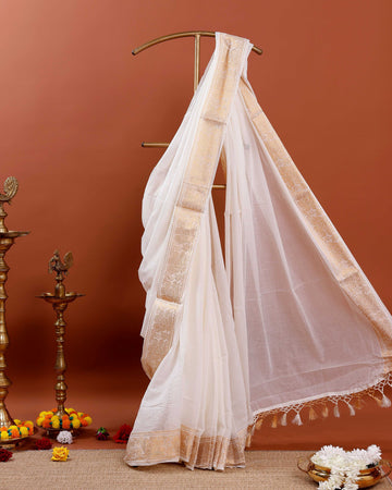 Traditional Kerala Kasavu Cotton Saree with Floral Zari Border and Tassel Detailing - Off White
