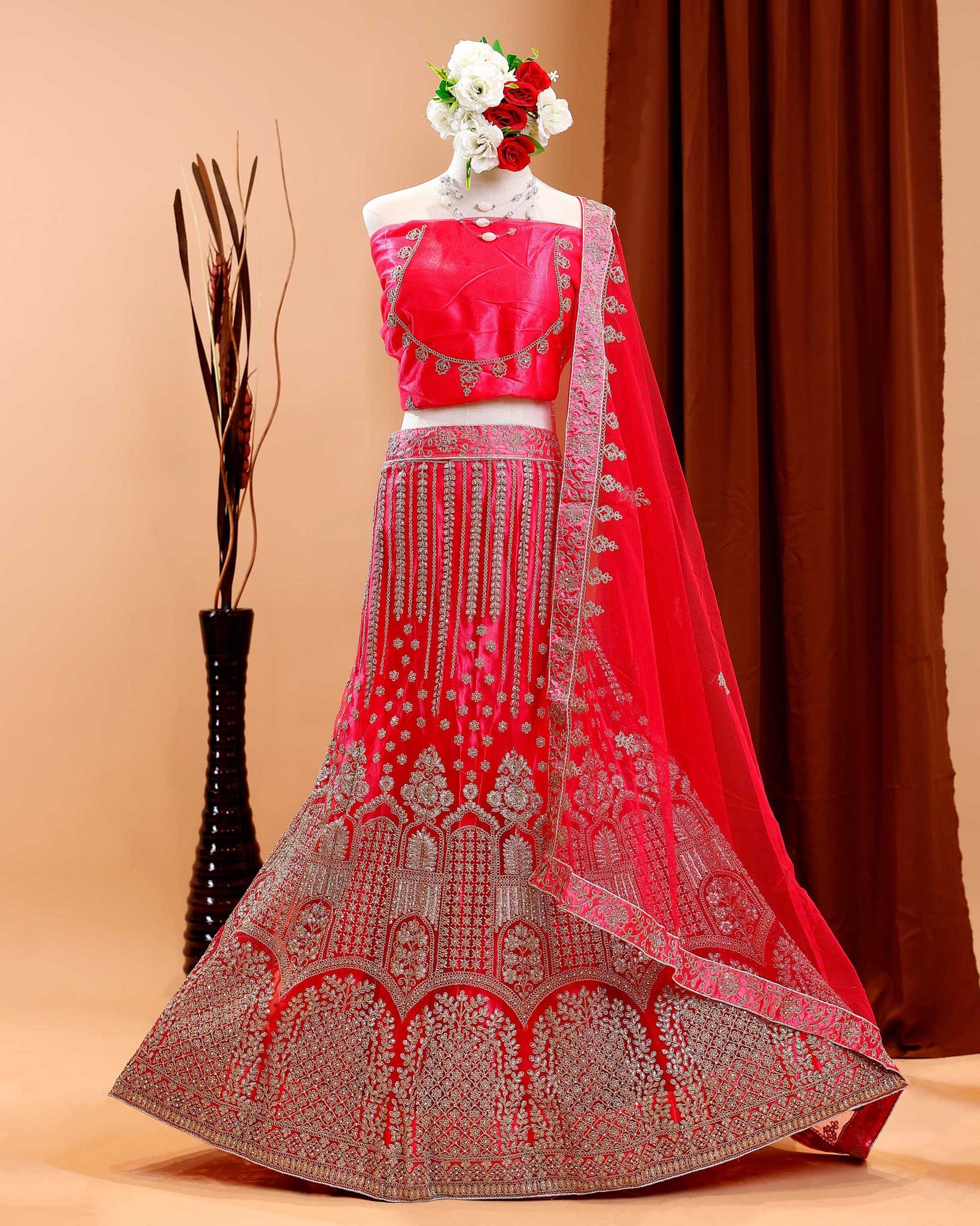 Embroidered Semi-Stitched Bridal Wedding Lehenga Choli with Dupatta Set - Pink