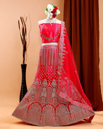 Embroidered Semi-Stitched Bridal Wedding Lehenga Choli with Dupatta Set - Pink