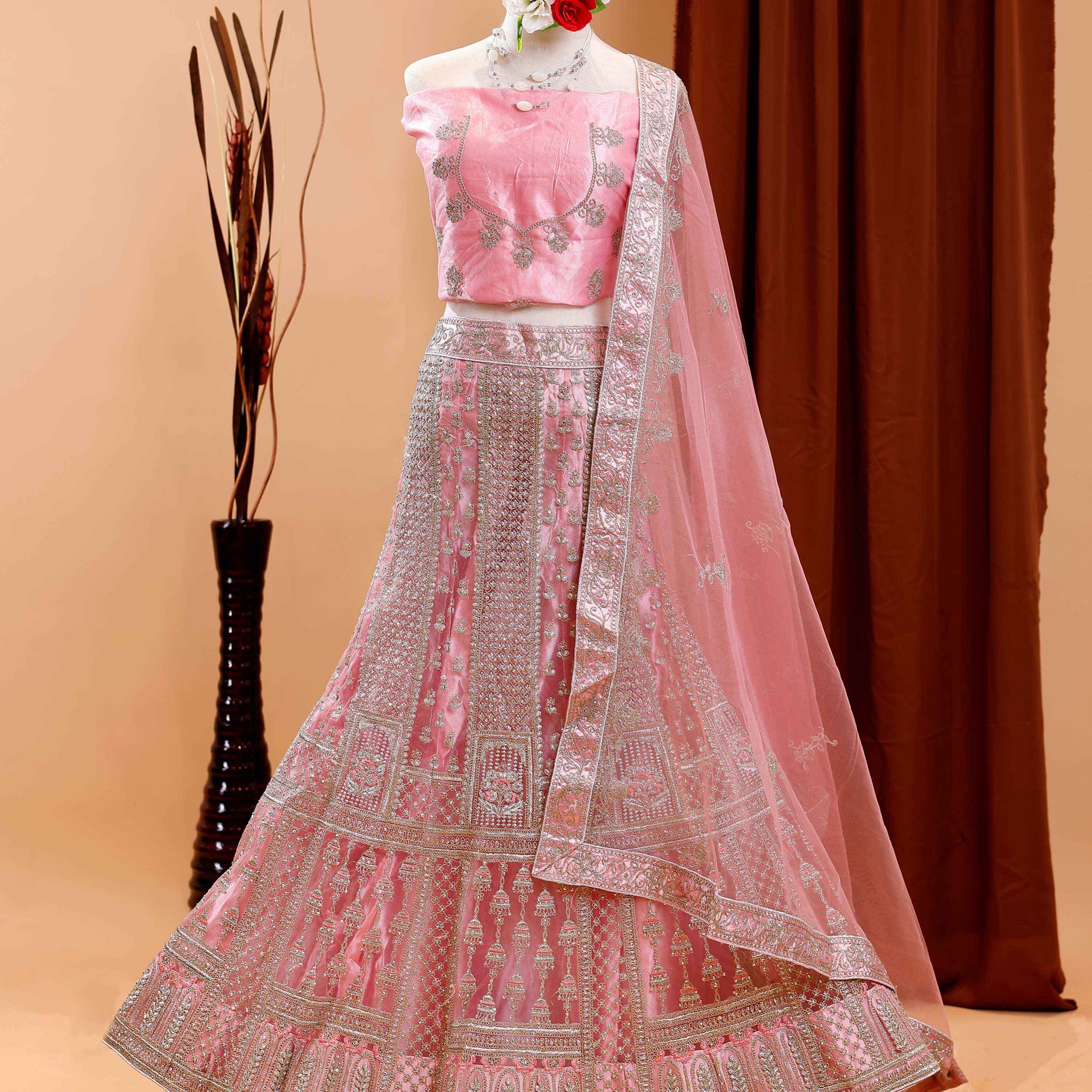 Embroidered Semi-Stitched Bridal Wedding Lehenga Choli with Dupatta - Pink