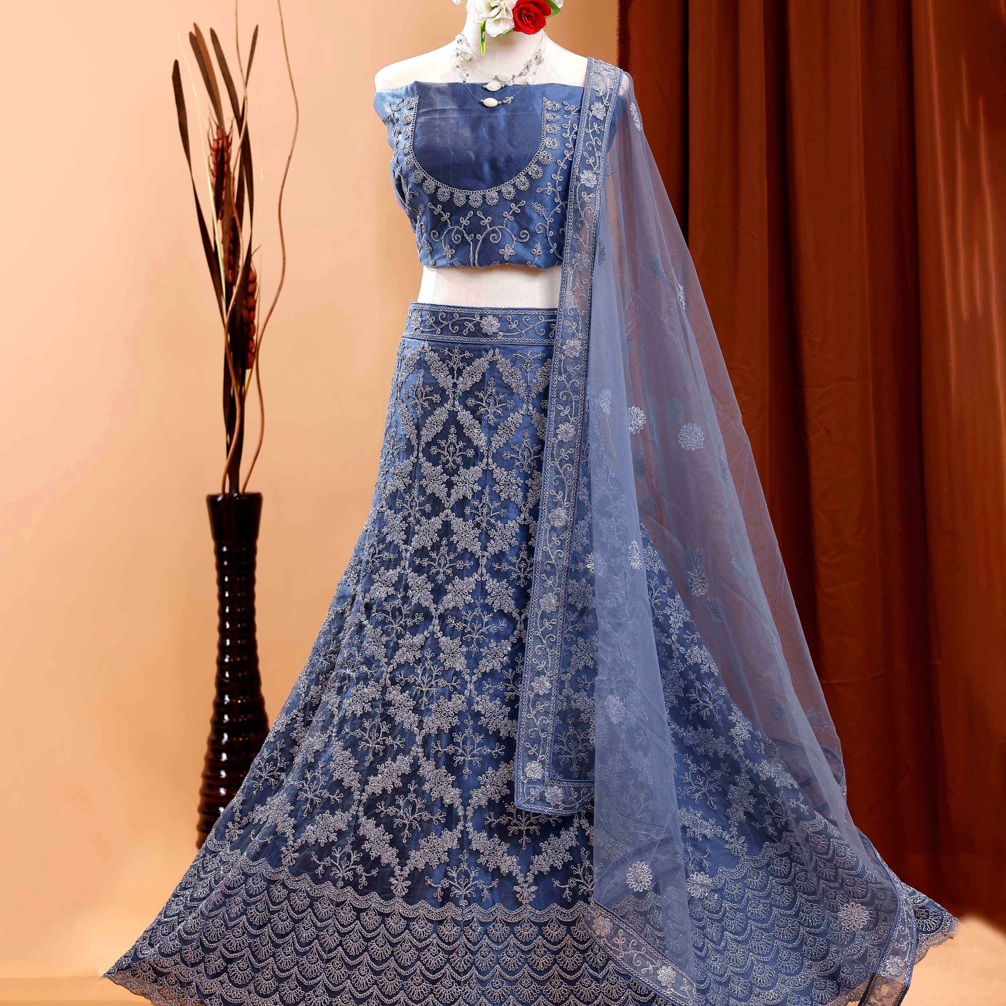 Embroidered Net Lehenga with Dupatta Set - Grey