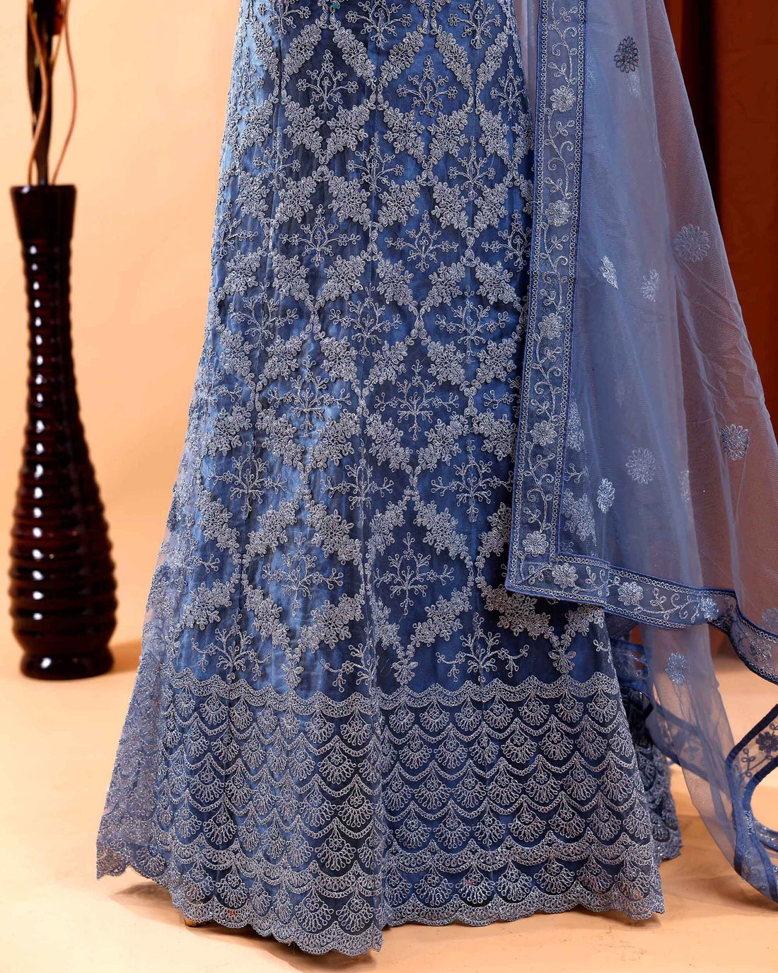 Embroidered Net Lehenga with Dupatta Set - Grey