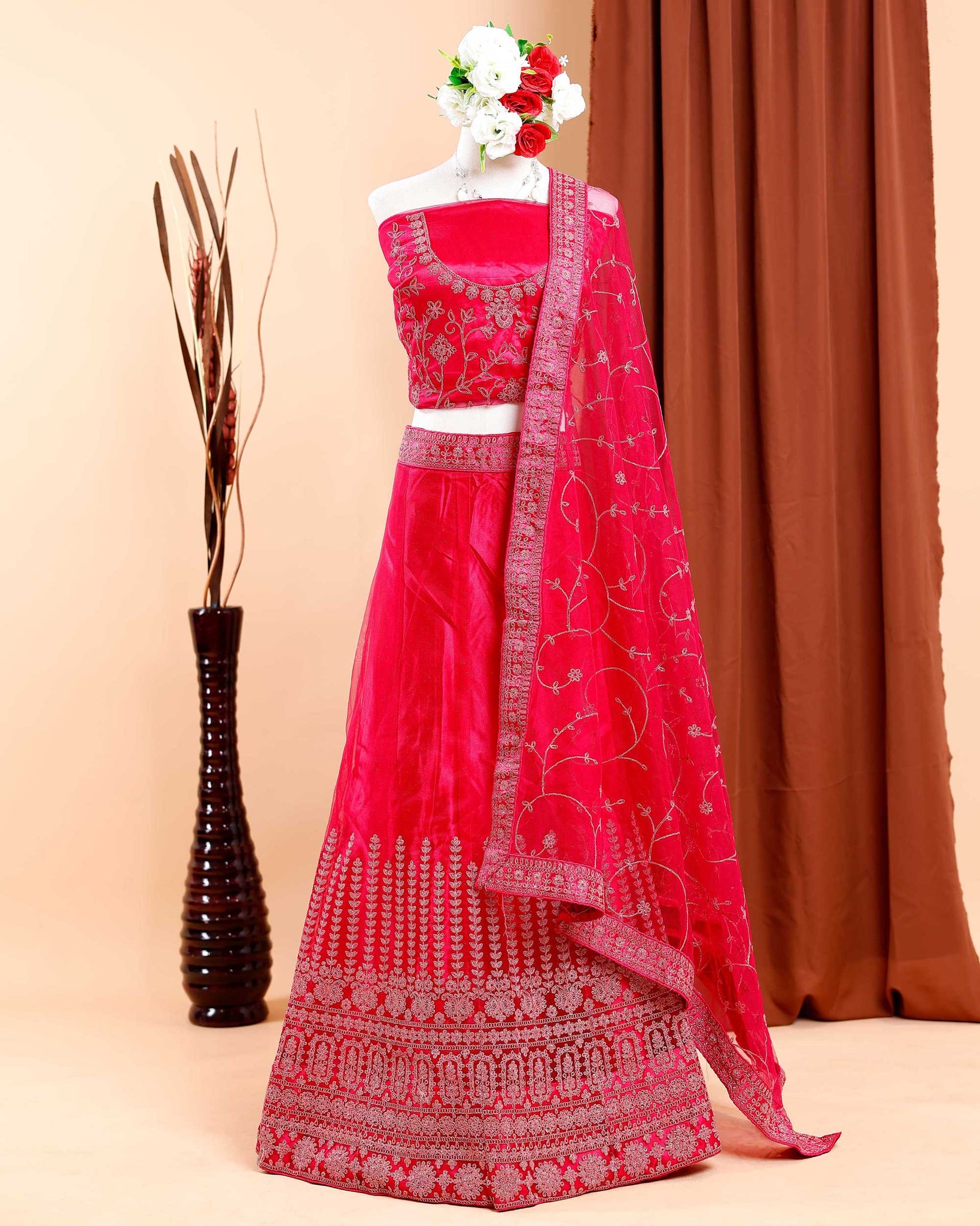 Embroidered Semi-Stitched Bridal Wedding Lehenga Choli Set  - Magenta