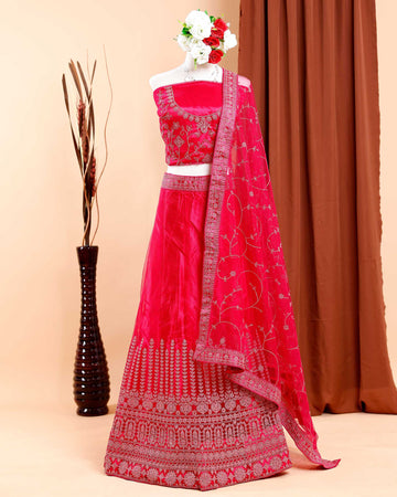 Embroidered Semi-Stitched Bridal Wedding Lehenga Choli Set  - Magenta