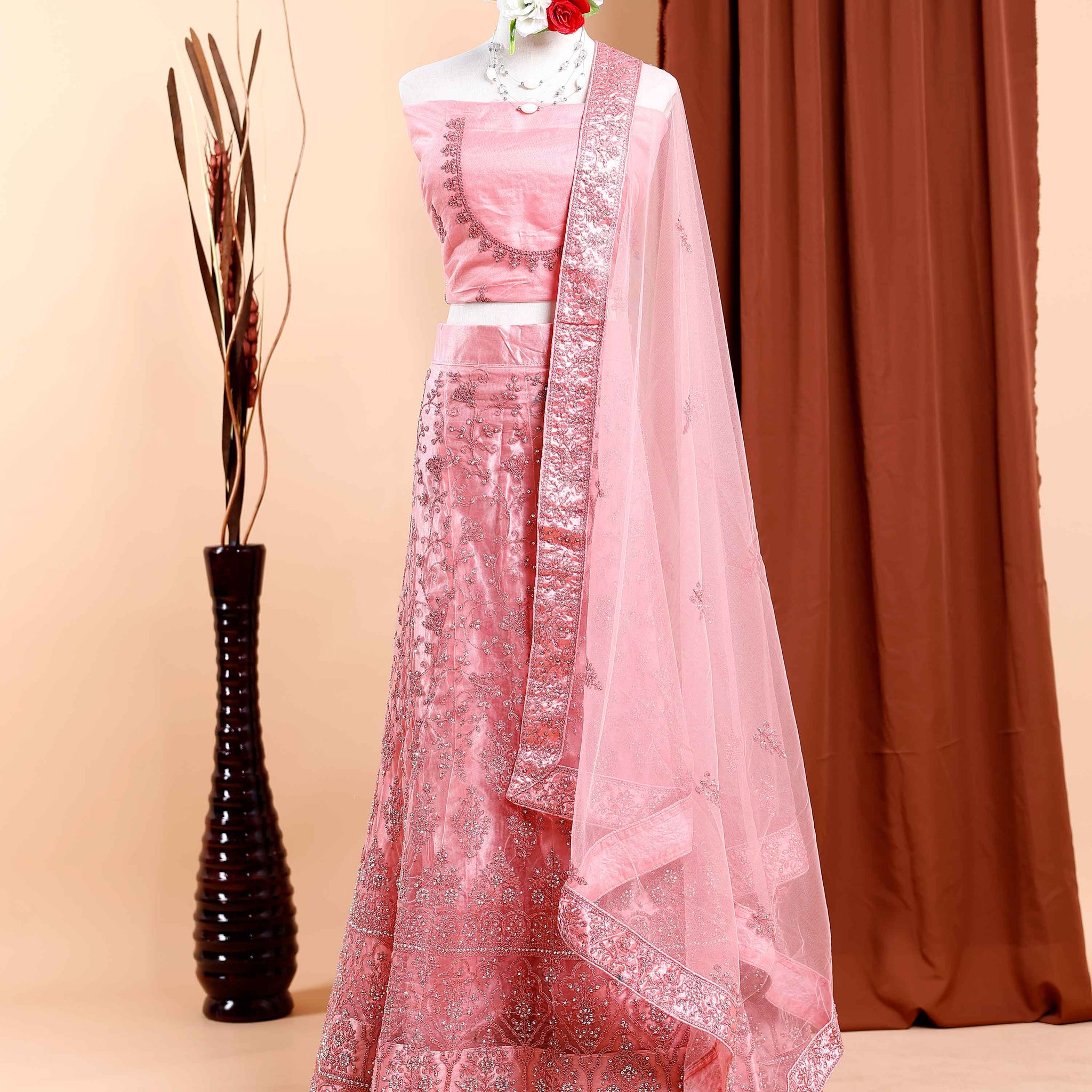 Embroidered Semi-Stitched Lehenga Choli with Dupatta - Peach