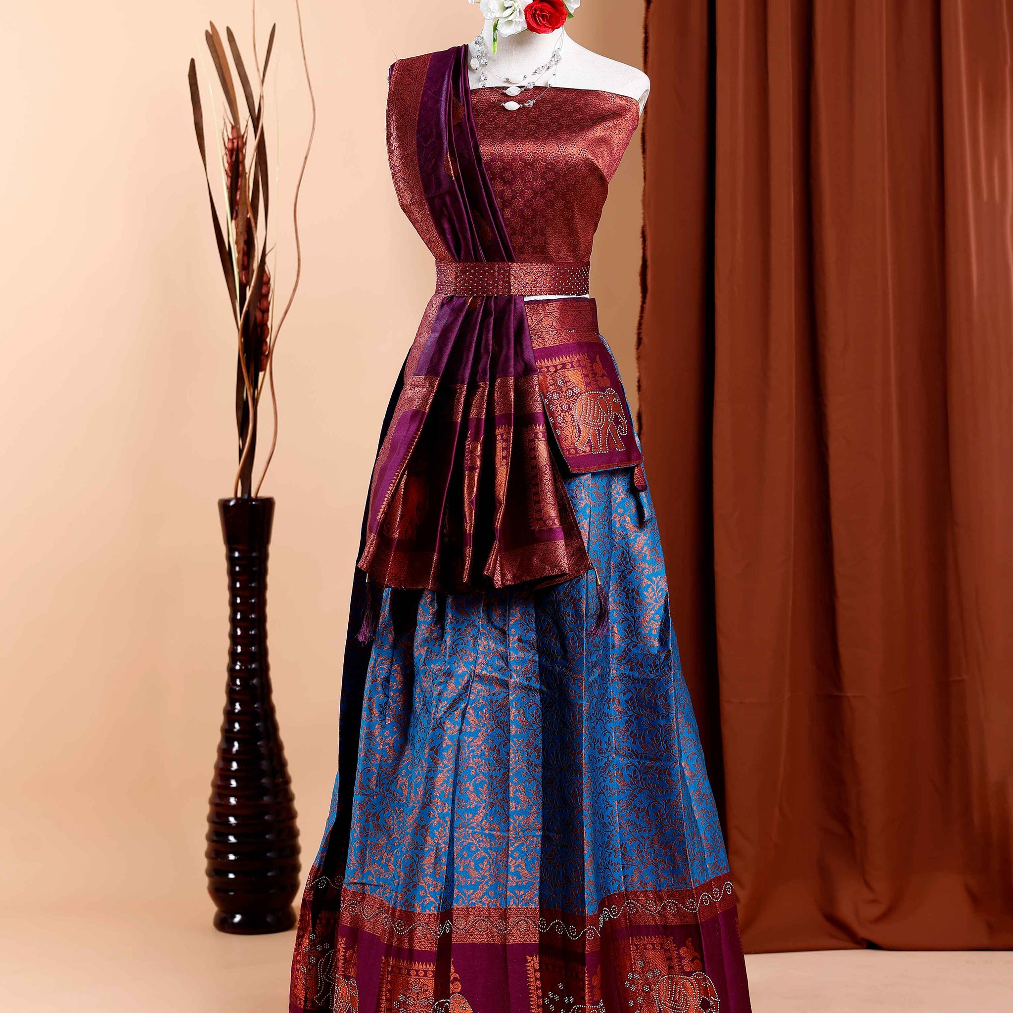 Zari Work Semi - Stitched  Lehenga with Intricate Border and Brocade Blouse - Blue