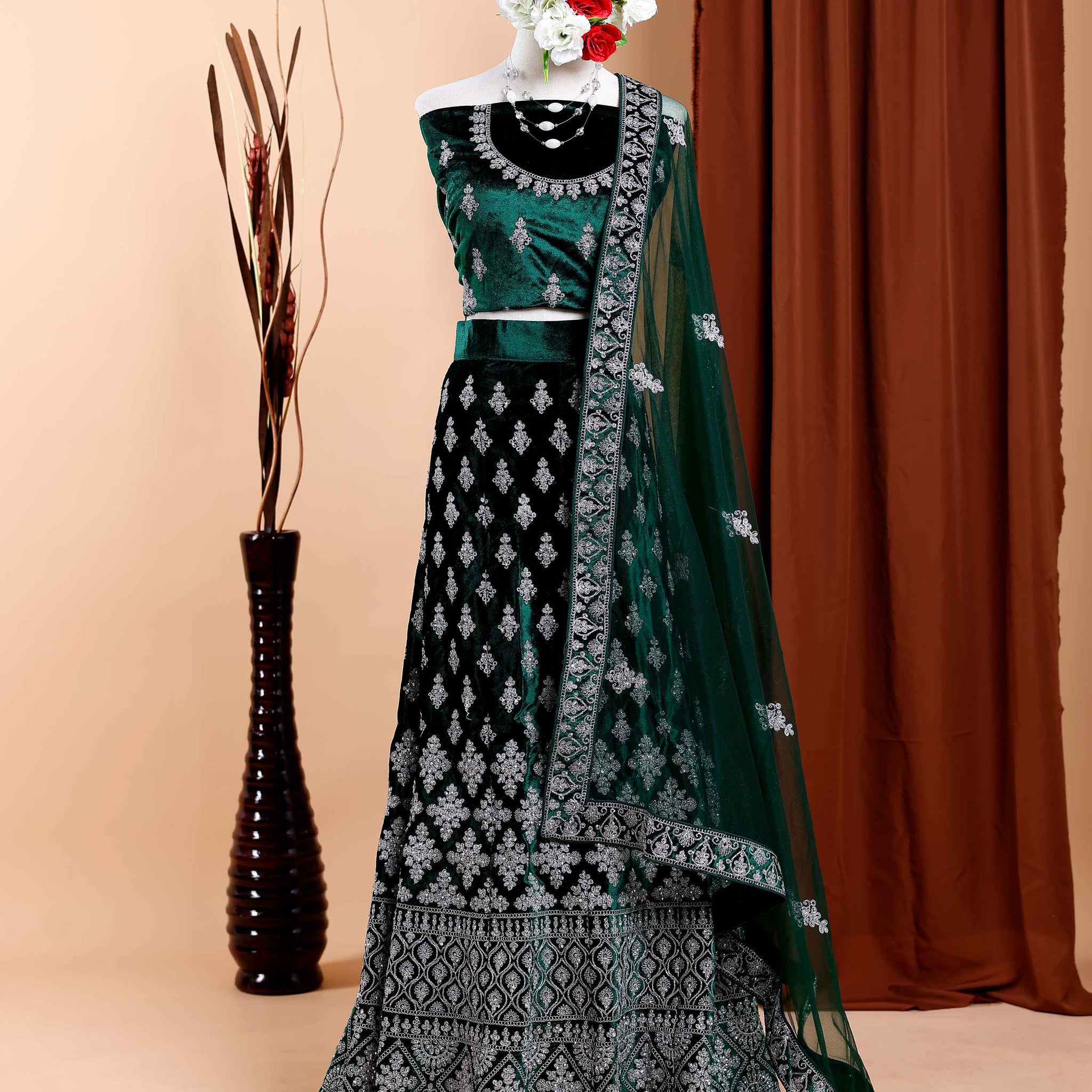 Embroidered Velvet Semi-Stitched Lehenga Choli with Dupatta - Green