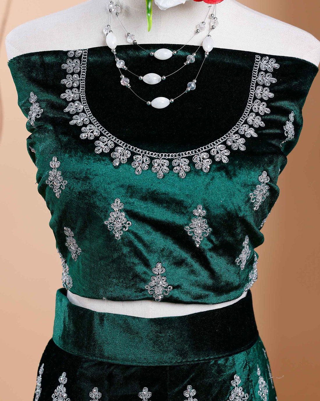Embroidered Velvet Semi-Stitched Lehenga Choli with Dupatta - Green