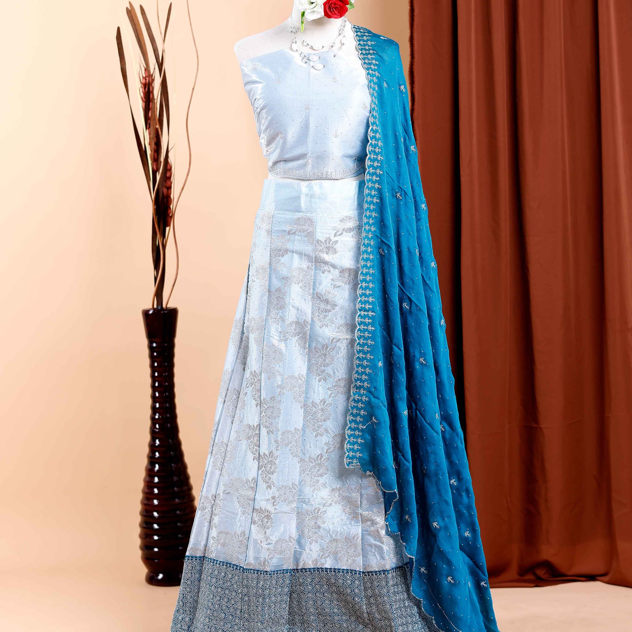 Embroidered Semi-Stitched Lehenga with Intricate Border Design  - Blue