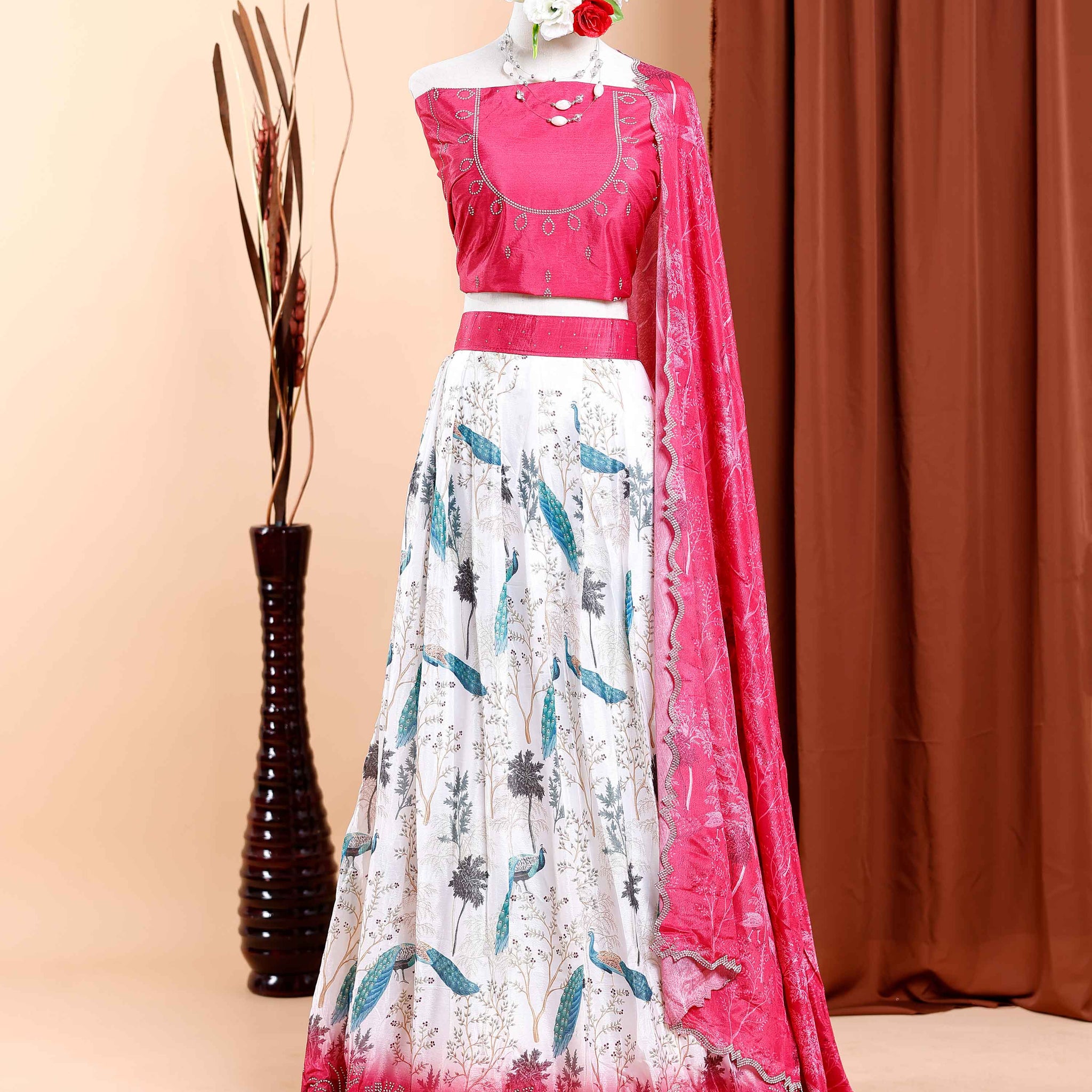 Embroidered Bridal Wedding Lehenga with Peacock Print Skirt and Adorned Blouse - Pink