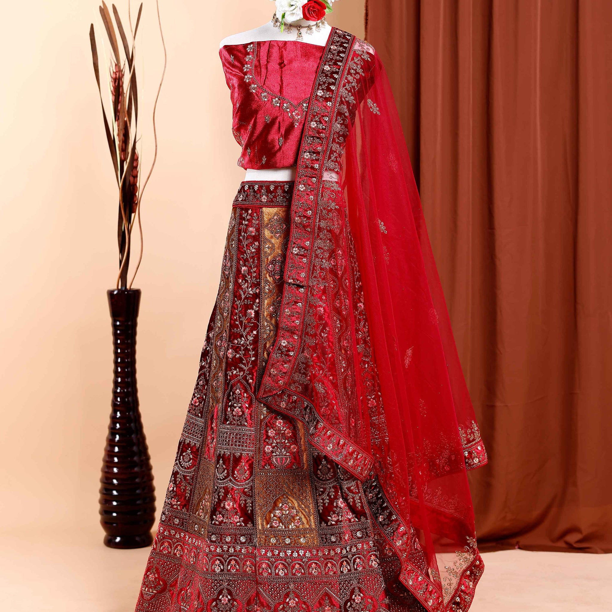 Embroidered Velvet Lehenga with Detailed Zari and Sequin Work - Maroon