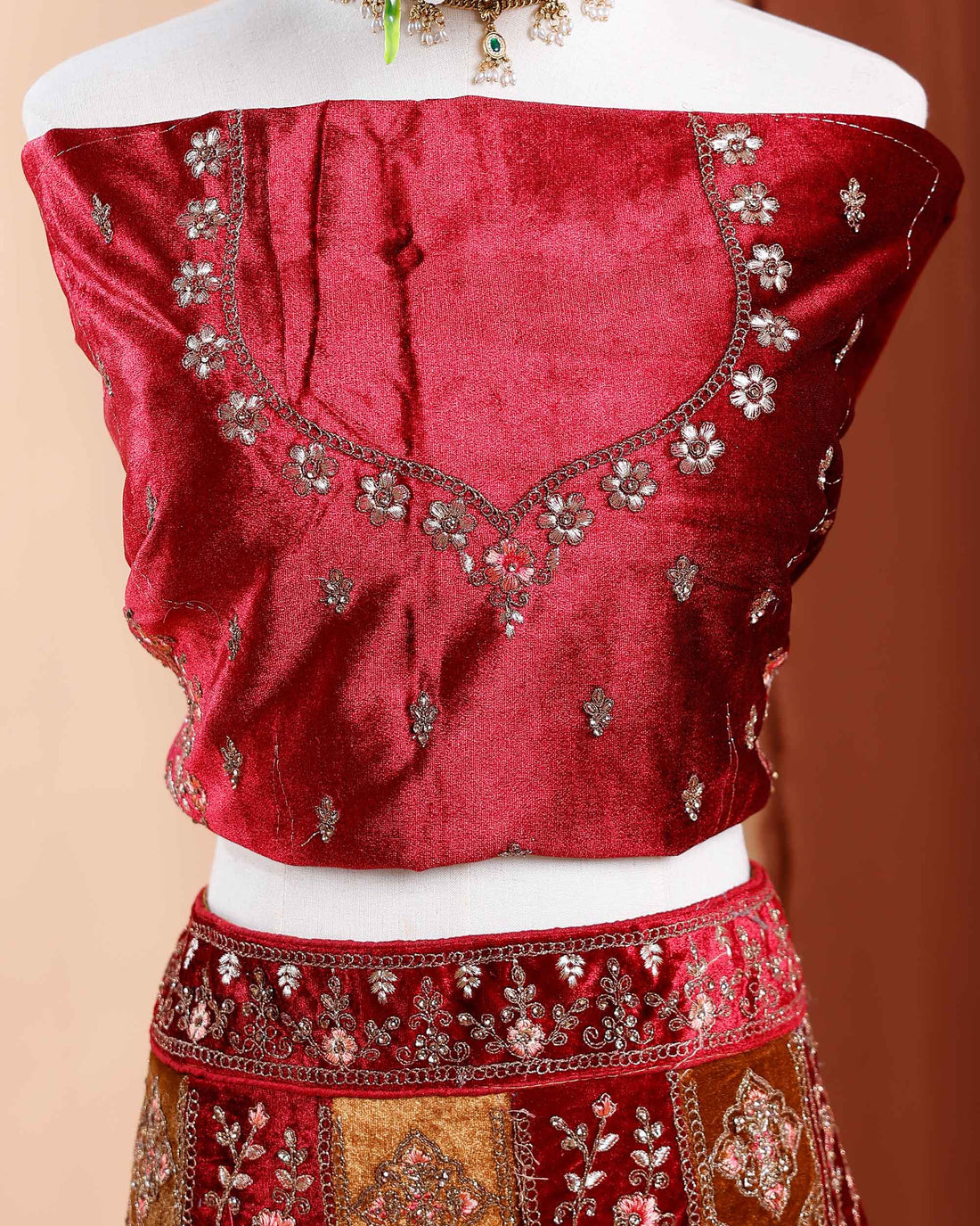 Embroidered Velvet Lehenga with Detailed Zari and Sequin Work - Maroon