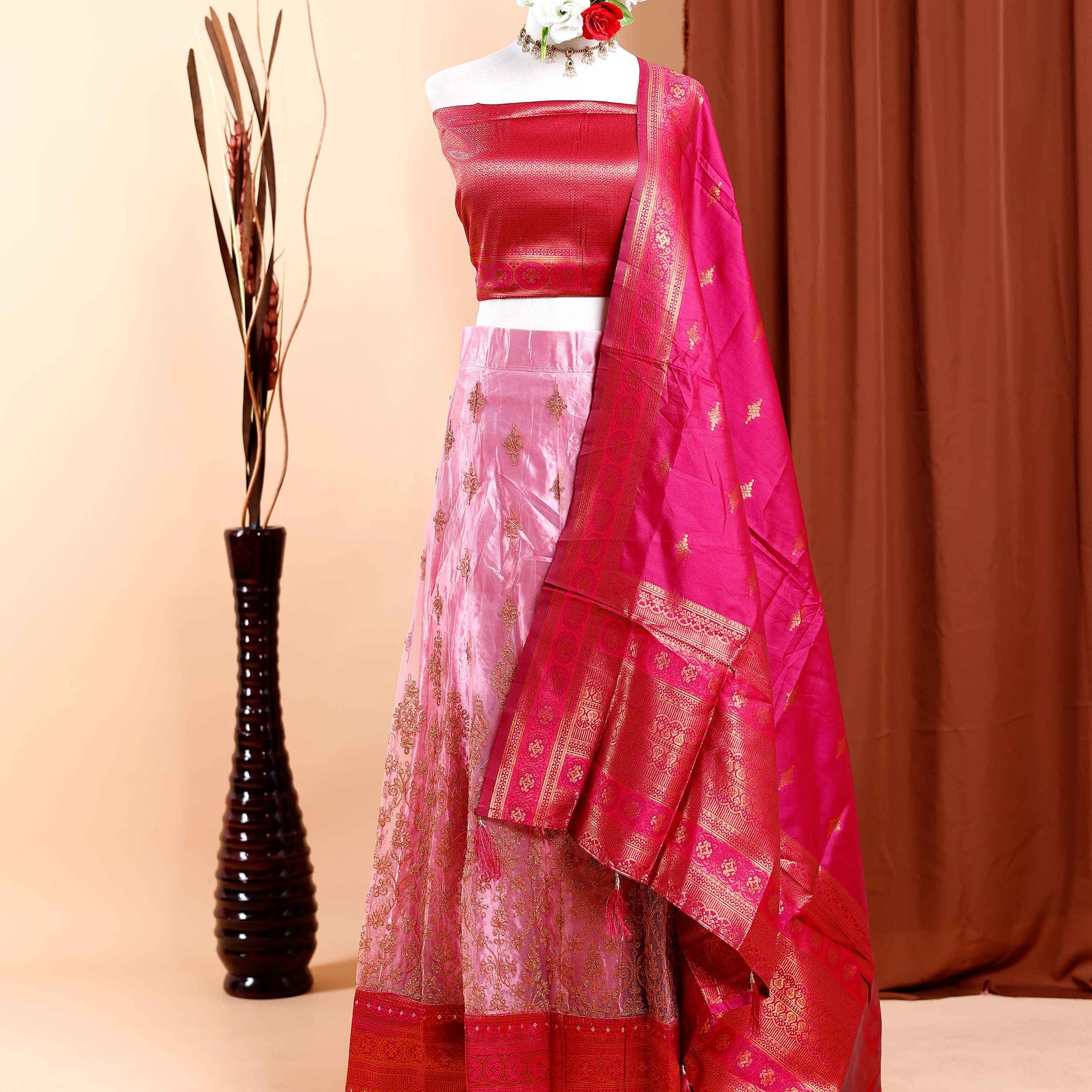 Designer Banarasi Silk Semi - Stitched Lehenga Set with Zari Embellishments - Pink