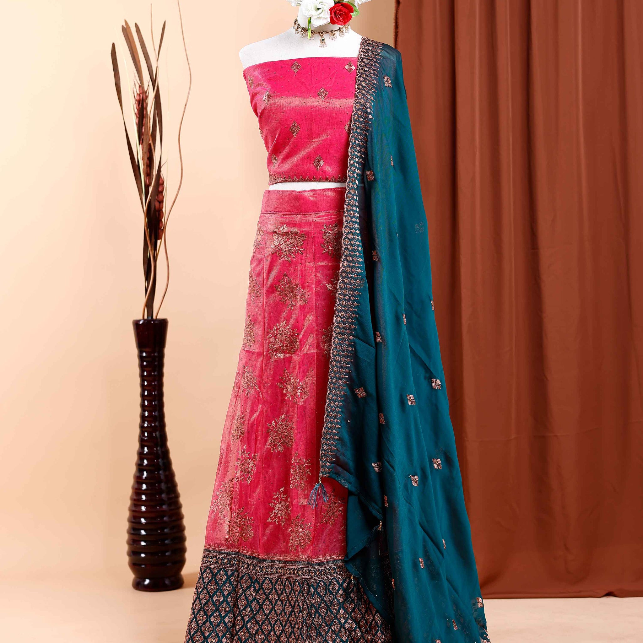 Traditional Semi - Stitched Lehenga Choli Set with Heavy Embellishments & Draped Dupatta - Pink