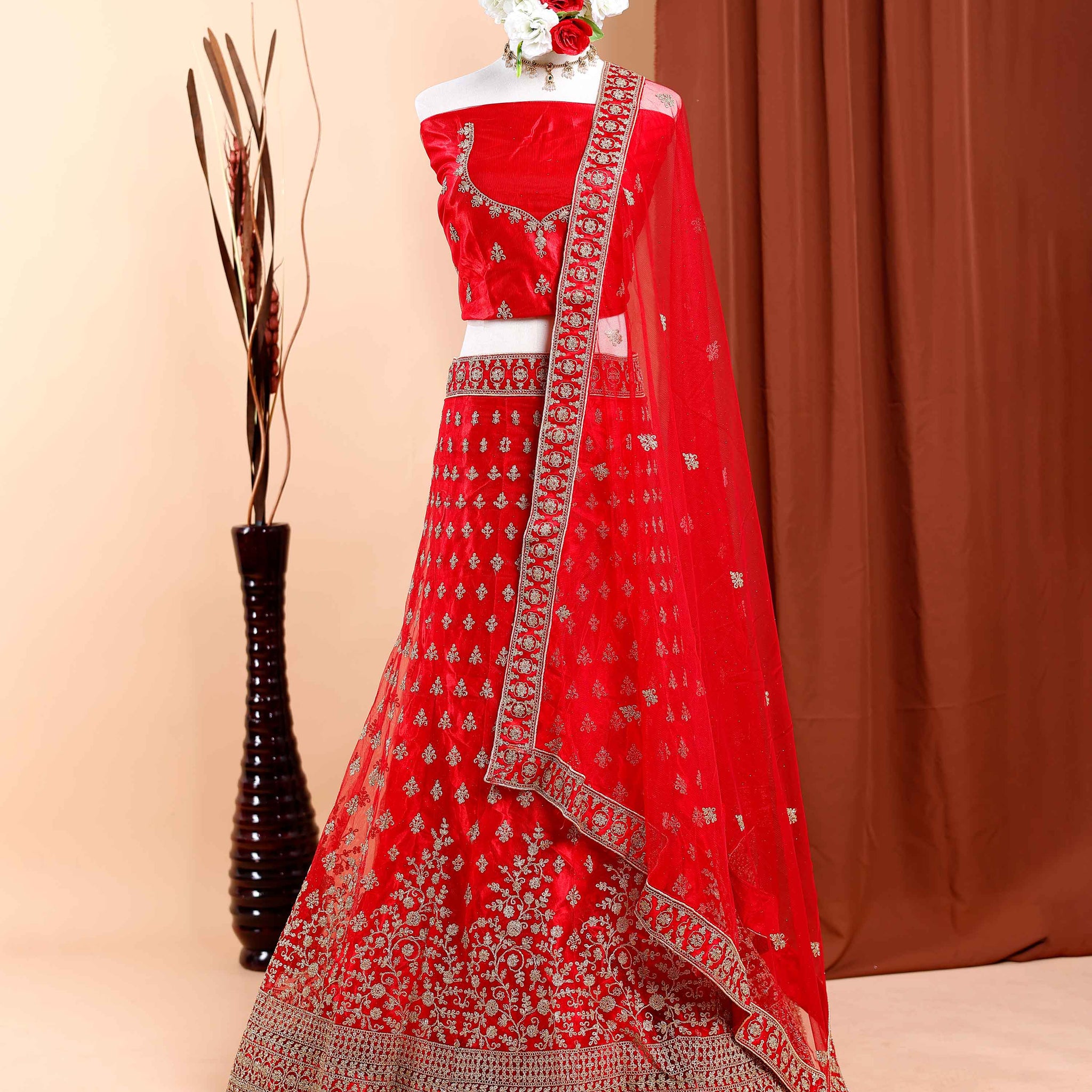 Embroidered Silk Lehenga Material with Intricate Zari Work, Unstitched Blouse Fabric and Embellished Net Dupatta - Red