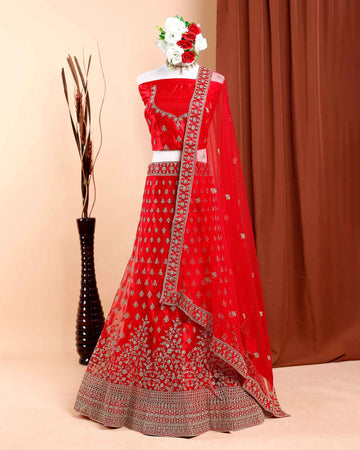 Embroidered Silk Lehenga Material with Intricate Zari Work, Unstitched Blouse Fabric and Embellished Net Dupatta - Red