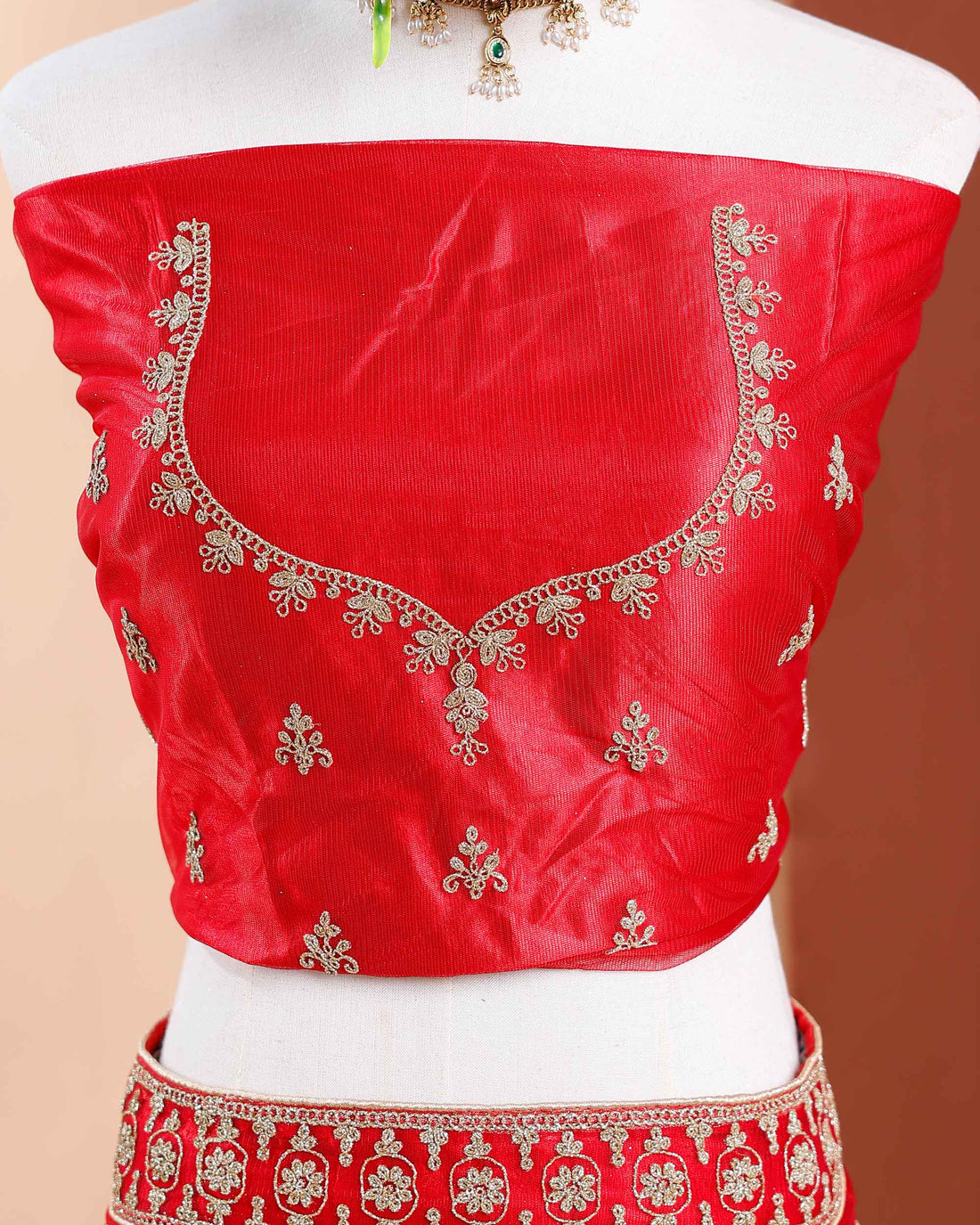 Embroidered Silk Lehenga Material with Intricate Zari Work, Unstitched Blouse Fabric and Embellished Net Dupatta - Red