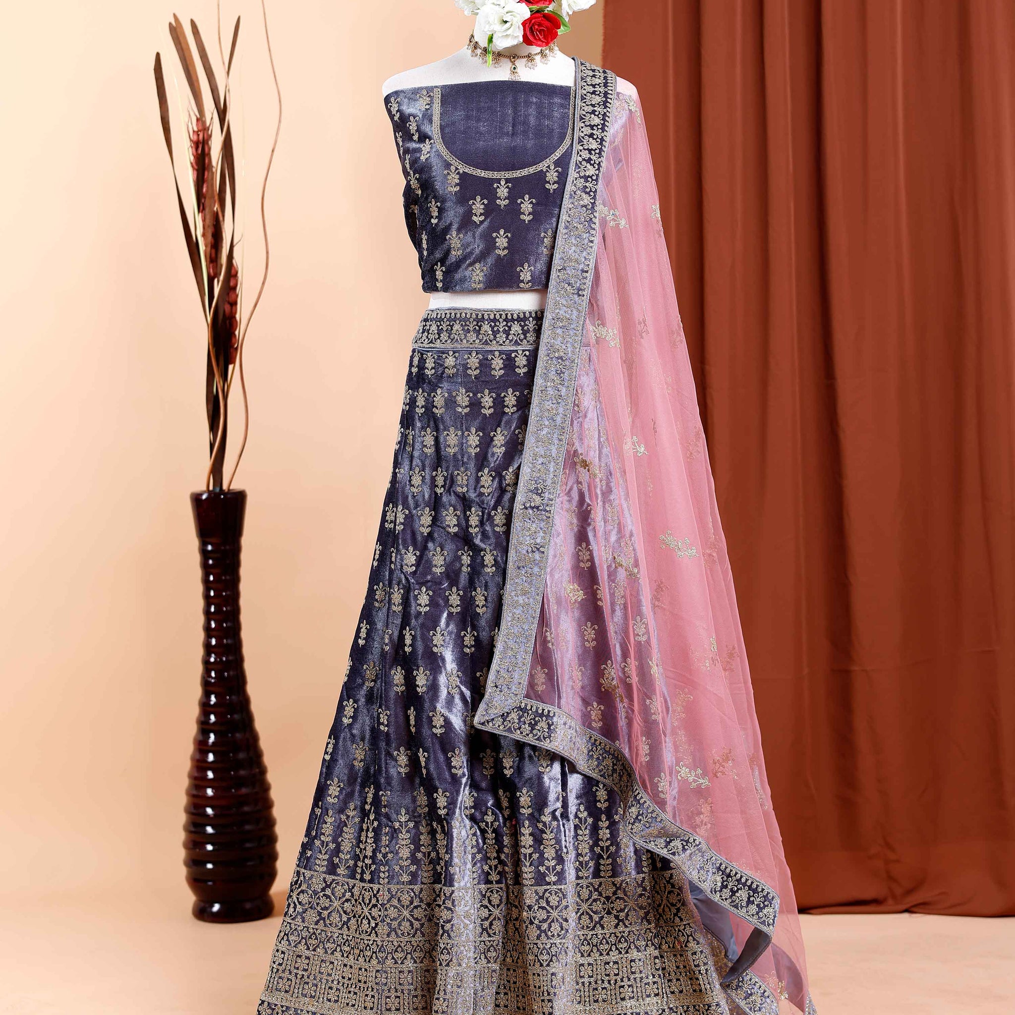 Banarasi Silk Lehenga Material with Rich Zari Weaving Embroidered Unstitched Blouse Piece and Contrasting Net Dupatta Fabric - Grey