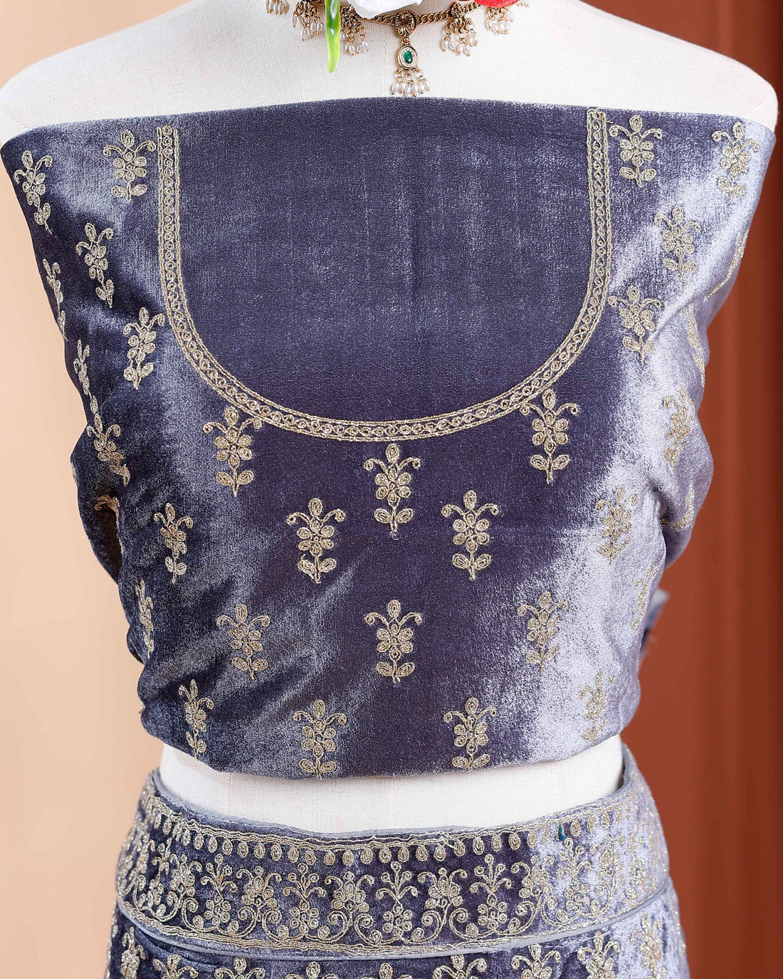 Banarasi Silk Lehenga Material with Rich Zari Weaving Embroidered Unstitched Blouse Piece and Contrasting Net Dupatta Fabric - Grey