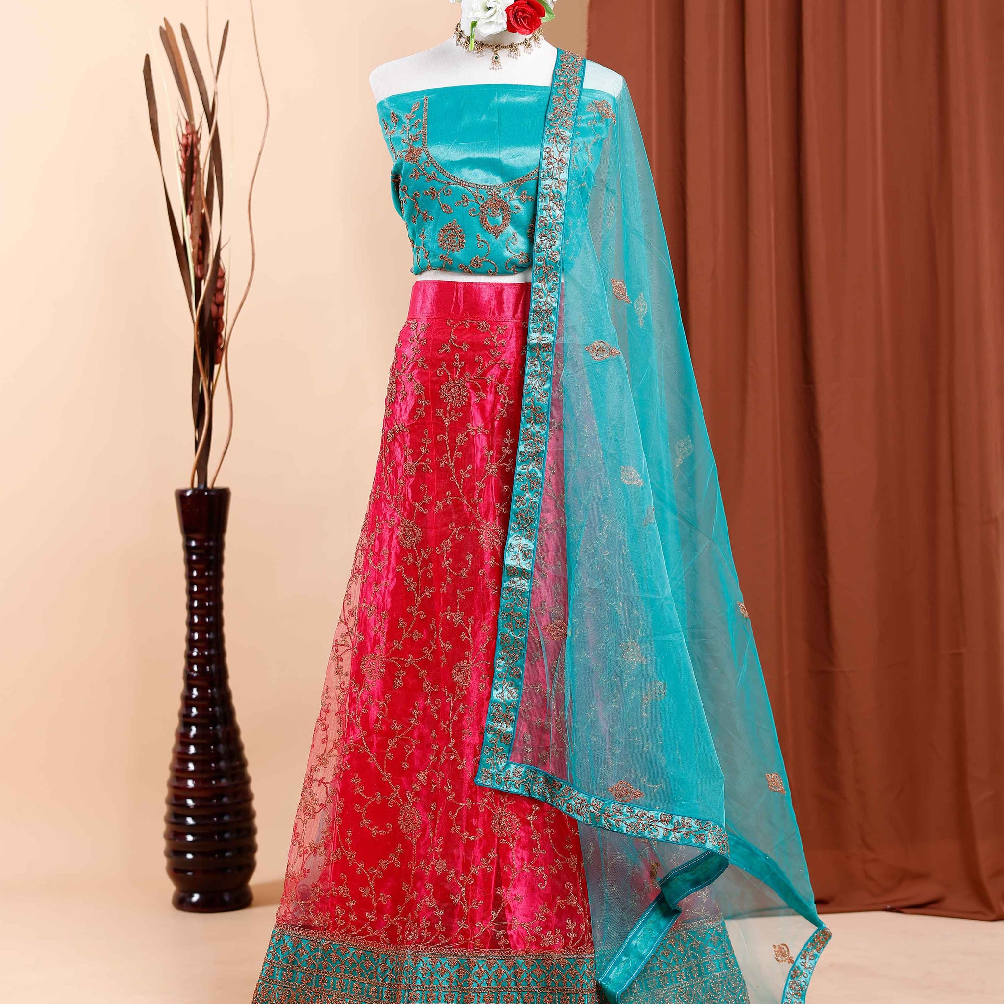 Embroidered Semi-Stitched Lehenga Choli with Dupatta  - Pink