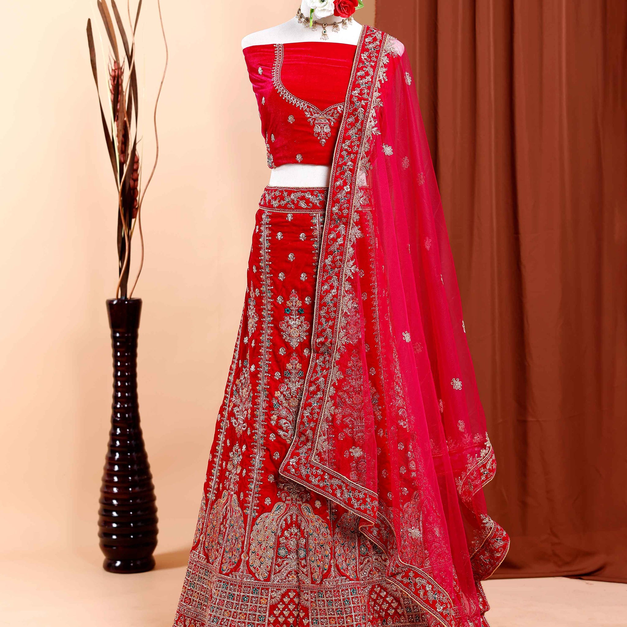 Embroidered Semi-Stitched Bridal Wedding Lehenga with Intricate Embellishments  - Red