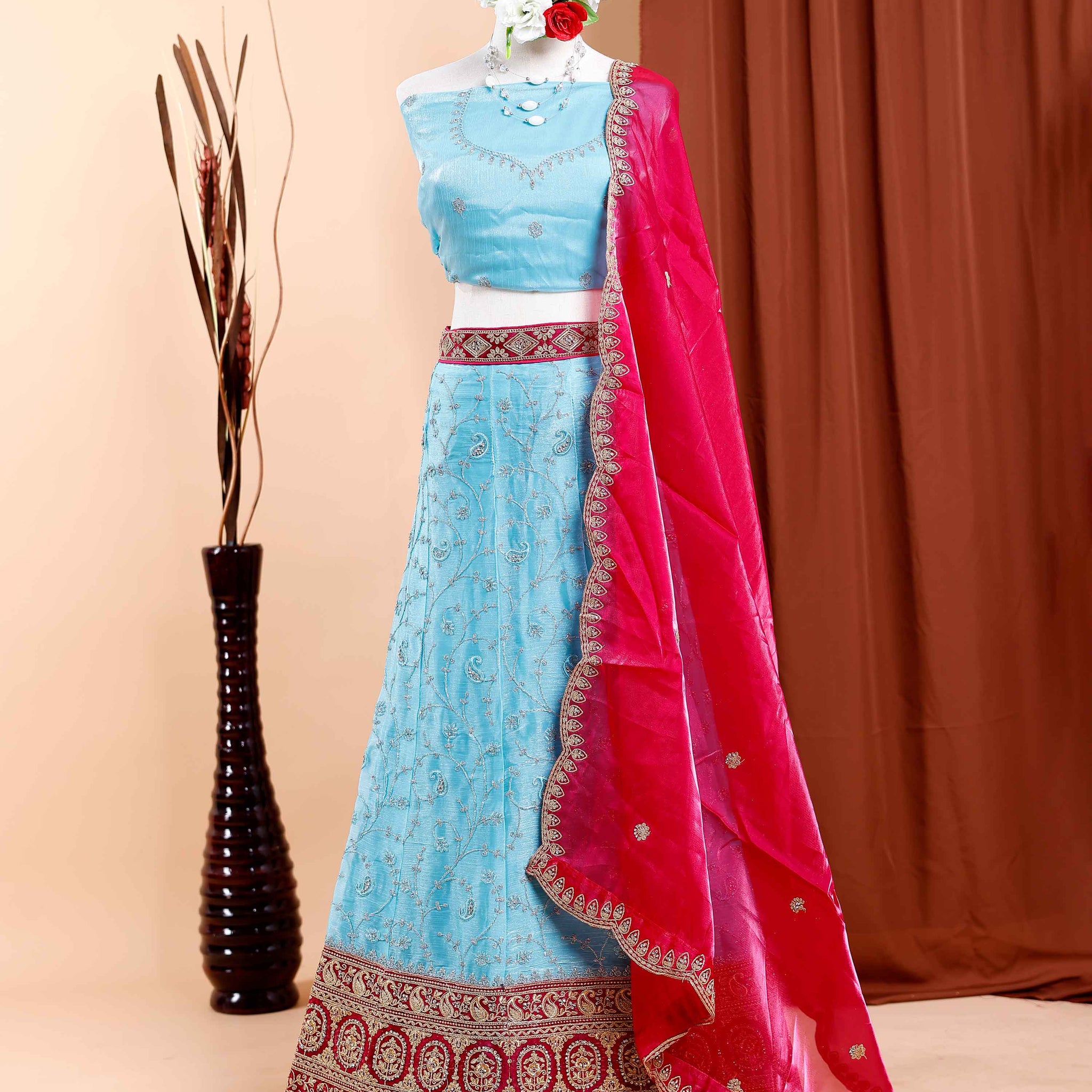 Embroidered Semi-Stitched Lehenga Choli with Dupatta Set - Blue